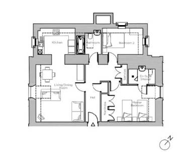 Floor plan showing a two-bedroom apartment with a kitchen, living/dining room, bathroom, en-suite shower in the master bedroom, hall, and services area. North is indicated at the bottom right.