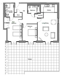 Floor plan of an apartment showing a terrace, living/dining area, kitchen, two bedrooms, a bathroom, an en suite shower, and storage space.