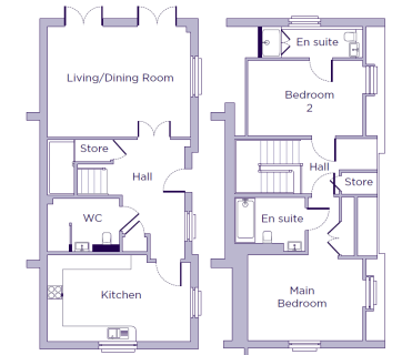 Floor plan with living/dining room, kitchen, store, and WC on the ground floor; two bedrooms with en suite bathrooms and a store on the upper floor.