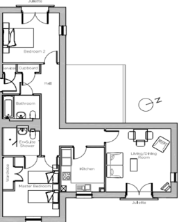 A floor plan of an apartment featuring two bedrooms, a living/dining room, kitchen, bathroom, en-suite shower, cupboard, and two Juliette balconies.