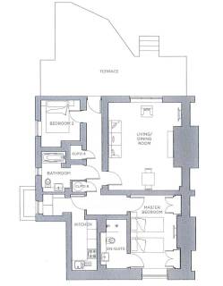 Floor plan of an apartment featuring a terrace, living/dining room, master bedroom with en-suite, second bedroom, bathroom, kitchen, and two cupboards.