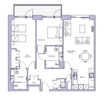 Floor plan showing a two-bedroom apartment with a main bedroom with en suite, a second bedroom, a bathroom, living/dining room, kitchen, storage, and cupboards.