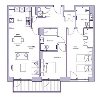 Floor plan of an apartment featuring a kitchen, living/dining room, two bedrooms, two bathrooms, and a balcony.
