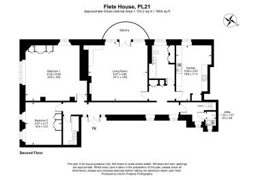 Floor plan of a second-floor apartment labeled "Flete House, PL21," showing two bedrooms, a living room, kitchen, utility room, balcony, and hallway with dimensions in square meters and feet.