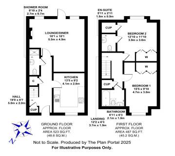 Black and white floor plan of a two-story house showing kitchen, lounge/diner, bedroom layouts, bathrooms, cupboards, and approximate room dimensions on each floor.