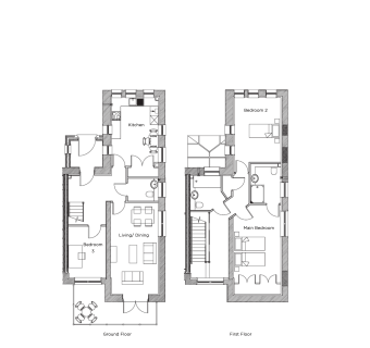 Black and white floor plan of a two-story house with three bedrooms, kitchen, living/dining area, bathrooms, and outdoor patio on the ground floor.