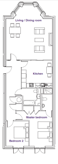 Black and white floor plan showing a living/dining room, kitchen, master bedroom, bedroom 2, and a bathroom, all labeled in purple text.