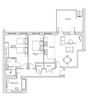 Floor plan of an apartment showing two bedrooms, two bathrooms, a kitchen, living/dining area, terrace, hall, store, services room, and wardrobe.