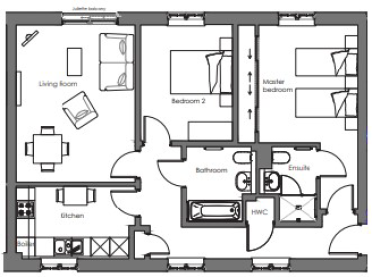 Black and white floor plan of a two-bedroom apartment with a living room, kitchen, bathroom, ensuite, and hot water cupboard (HWC).