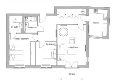 Floor plan of an apartment featuring a master bedroom with en suite, second bedroom, bathroom, living room, kitchen, and terrace access.