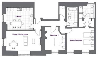 Black and white floor plan of an apartment with labeled kitchen, living/dining room, bedroom 2, master bedroom, two bathrooms, and entry hallways.