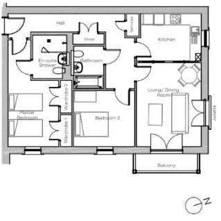 Black and white floor plan of a two-bedroom apartment showing bedrooms, bathrooms, kitchen, living/dining area, balcony, and labeled storage spaces. North direction is indicated.