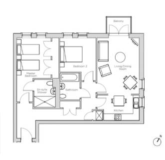 Black and white floor plan showing two bedrooms, two bathrooms, kitchen, living/dining room, and a balcony. Doors and furniture layouts are visible. North direction is indicated.