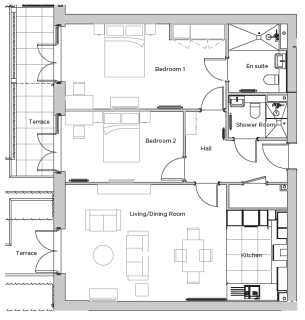 Black and white floor plan of an apartment featuring two bedrooms, two bathrooms, a living/dining room, kitchen, hall, and two terraces.