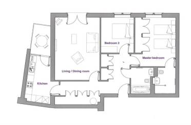 Floor plan showing a two-bedroom apartment with a kitchen, living/dining room, master bedroom with en suite, second bedroom, and an additional bathroom.