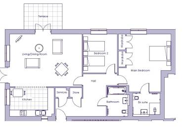 Floor plan of an apartment showing a terrace, living/dining room, kitchen, two bedrooms, bathroom, en suite, store, services area, and wardrobes.