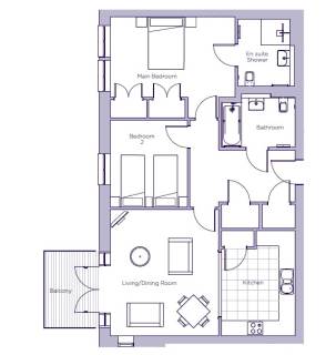 Floor plan of an apartment showing a main bedroom with en suite, a second bedroom, a bathroom, kitchen, living/dining room, and a balcony.