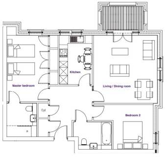 A floor plan showing a master bedroom, a second bedroom, a bathroom, a kitchen, a living/dining room, and a small utility space labeled "Cyl.
