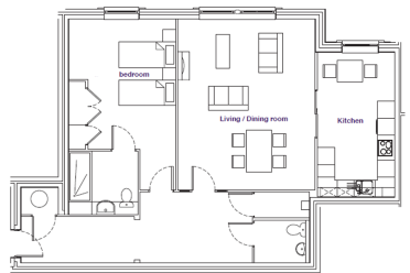 Floor plan of a one-bedroom apartment with a combined living and dining area, a kitchen, a bathroom, and a separate bedroom.