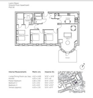 Floor plan of a ground floor apartment showing three bedrooms, a living/dining room, kitchen, one bathroom, ensuite shower, and two terraces, with internal measurements provided.