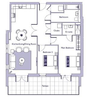 Floor plan of a two-bedroom apartment featuring a main bedroom with en suite, second bedroom, kitchen/living/dining area, bathroom, cloakroom, and terrace.
