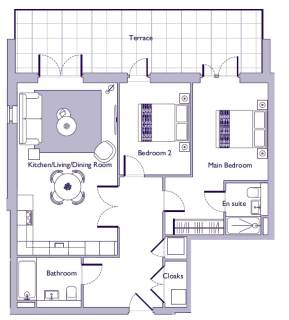 Floor plan of a two-bedroom apartment showing a kitchen/living/dining room, bathroom, en suite, cloaks area, and a terrace.