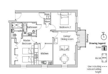 Black and white floor plan of an apartment with two bedrooms, two bathrooms, kitchen, living/dining room, store rooms, and a balcony. Drawing legend and north arrow included.