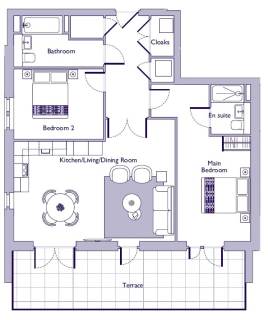 Floor plan of an apartment with two bedrooms, two bathrooms, open kitchen/living/dining area, closet space, and a terrace.