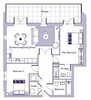 Floor plan of a two-bedroom apartment with a kitchen/living/dining room, main bedroom with en suite, second bedroom, bathroom, cloakroom, and terrace.