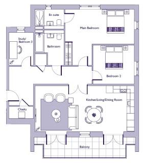 Floor plan of an apartment with three bedrooms, two bathrooms, a kitchen/living/dining area, study, cloakroom, and a balcony.