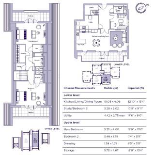 Floor plan showing lower and upper levels of a residence, with labeled rooms, dimensions in metric and imperial units, and a north directional arrow.