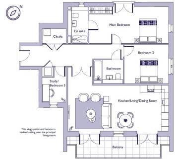 Floor plan of a three-bedroom apartment with a kitchen/living/dining room, two bathrooms, a study, cloaks area, and balcony. Main bedroom includes an en suite.