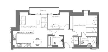 Black and white floor plan of a two-bedroom apartment with terrace, open plan living/dining/kitchen area, two bathrooms, and a worktop/cupboard area.