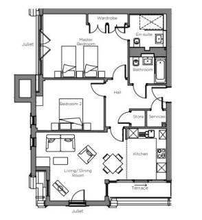 Black and white floor plan showing two bedrooms, two bathrooms, a kitchen, a living/dining room, store, services, terrace, and two Juliet balconies.