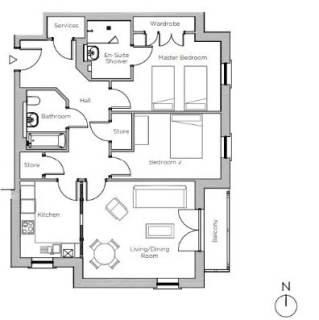 Black and white floor plan of a two-bedroom apartment with a living/dining room, kitchen, two bathrooms, wardrobe, stores, services room, and a balcony. North is indicated.