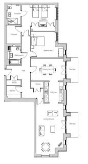 Black and white floor plan of a two-bedroom apartment with living room, kitchen, dining room, two bathrooms, utility room, multiple stores, and two terraces.