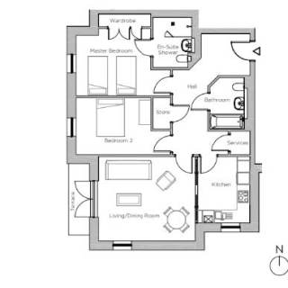 Floor plan of a two-bedroom apartment featuring a living/dining room, kitchen, bathroom, en-suite shower, storage, and a terrace.