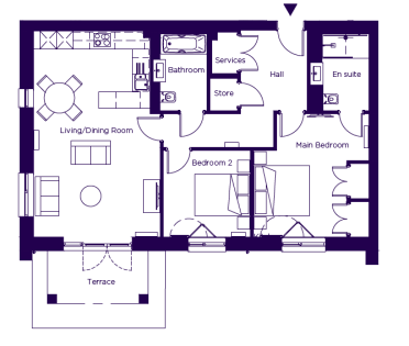 Floor plan for a two-bedroom apartment featuring an open-concept living and dining area, two bathrooms, a hallway, and an attached terrace.