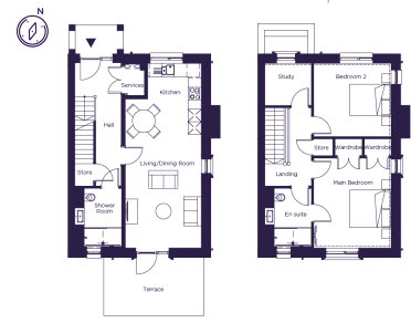 Floor plan of a two-story home, showing a ground floor with a kitchen, living area, and shower room, and an upper floor with three bedrooms, a landing, and an en suite.