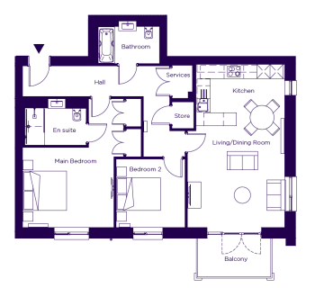 Floor plan of a two-bedroom apartment featuring an open-concept living and dining area, kitchen, two bathrooms, and a balcony.