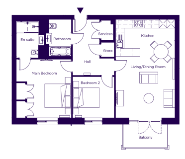Floor plan of a two-bedroom apartment featuring a kitchen, living and dining area, two bathrooms, storage space, and a balcony.