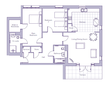 Floor plan of a two-bedroom apartment featuring a kitchen, living/dining room, two bathrooms, walk-in wardrobe, and terrace.