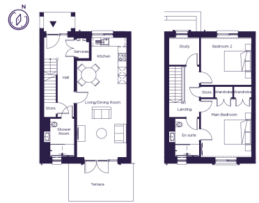Floor plan showing a ground floor with a kitchen, living area, and shower room, and a first floor with two bedrooms, a study, and an en suite.
