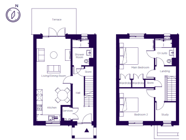Floor plan of a two-story home, showing a ground floor with a kitchen, living area, and terrace, and an upper floor with two bedrooms, a study, and an en suite bathroom.