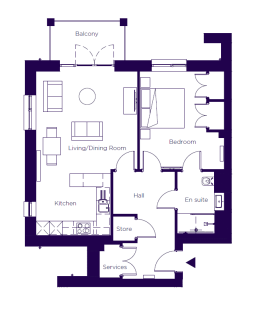 Floor plan of a one-bedroom apartment with a living/dining room, kitchen, bedroom, en suite bathroom, hall, storage closet, services area, and balcony.