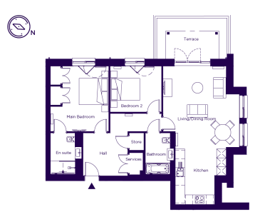 Floor plan of an apartment featuring two bedrooms, a bathroom, an en suite, a living and dining room, a kitchen, and a terrace.