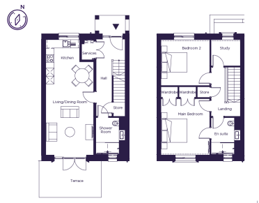 Floor plan of a two-story house showing the ground floor layout on the left and the first floor layout on the right, including a kitchen, living area, three bedrooms, and a study.