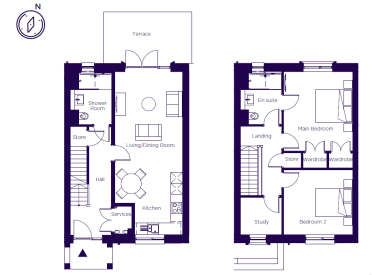 Floor plan for two levels showing a ground floor with a kitchen, living area, and terrace, and an upper floor with two bedrooms, a study, and bathrooms.