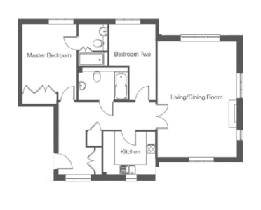 Floor plan of an apartment showing a master bedroom with en-suite bathroom, a second bedroom, a bathroom, a kitchen, and a large living and dining area.