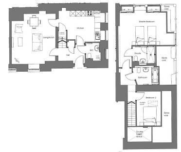 Floor plan showing a ground floor with a living room and kitchen, and an upper floor with two bedrooms and two bathrooms.